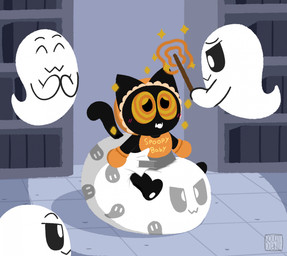 anthro bib big_diaper black_body black_fur blush bonnet book bookshelf casting_spell clean_diaper clothed clothing diaper female fur furgonomics furniture group handwear headgear headwear hypnosis hypnotized_female inside magic mind_control mittens off_the_ground open_mouth paws smile tail text wand wearing_diaper bougie google google_doodle magic_cat_academy momo_(google) felid feline ghost mammal spirit digital_media_(artwork) english_text hi_res watermark