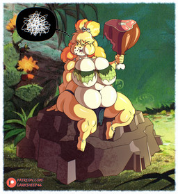 angry anklet anthro belly big_belly big_breasts bone bottomwear breasts claws clothing crumbs_on_face drumstick_(food) eating eating_food fangs female food food_in_mouth forest furrowed_eyebrows hair huge_breasts jewelry jungle loincloth meat messy_hair overweight overweight_female plant puffed_cheeks scribbles sharp_teeth sitting skull skull_accessory solo teeth thick_thighs thought_bubble toe_claws tooth_necklace tree darksheep46 animal_crossing nintendo isabelle_(animal_crossing) canid canine canis domestic_dog mammal shih_tzu toy_dog hi_res