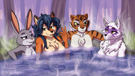anthro bath bathing black_nose blue_hair breast_size_difference breasts brown_nose casual_nudity chest_tuft countershade_face countershade_torso countershading eye_contact facial_markings featureless_breasts female female/female forest fur grey_body grey_fur group hair head_markings hot_spring long_hair looking_at_another markings mask_(marking) multicolored_body multicolored_fur naturally_censored neck_tuft nude open_mouth orange_body orange_fur outdoor_nudity outside partially_submerged pink_nose plant relaxing ruff sitting smile social_nudity steam striped_body striped_fur stripes talking_to_another tan_body tan_countershading tan_fur tree tuft water wet wet_body wet_fur white_body white_countershading white_fur heresy_(artist) disney dreamworks kung_fu_panda sly_cooper_(series) sony_corporation sony_interactive_entertainment sucker_punch_productions teenage_mutant_ninja_turtles zootopia alopex carmelita_fox judy_hopps master_tigress canid canine felid fox lagomorph leporid mammal pantherine rabbit tiger 16:9 2019 crossover digital_media_(artwork) widescreen