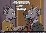 2018 anthro black_clothing black_suit black_suit_jacket broken_horn brother_(lore) brothers_(lore) clothing comic dialogue digital_media_(artwork) dom_(naughtymorg) door dragon duo ear_fins english_text fin horn inside male mythological_creature mythological_scalie mythology naughtymorg necktie patreon patreon_logo red_necktie scalie seph_(naughtymorg) shirt sibling_(lore) signature speech_bubble suit supply_closet t-shirt text topwear url white_clothing white_shirt white_topwear yellow_clothing yellow_shirt yellow_topwear
