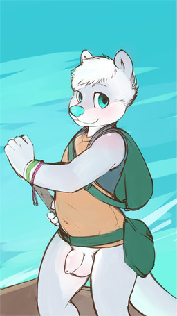 anthro backpack blue_eyes blue_nose bottomless clothed clothing flaccid foreskin fur genitals humanoid_genitalia humanoid_penis long_foreskin male penis solo unretracted_foreskin white_body white_fur young young_anthro raineshadowpaw mammal mustelid otter absurd_res hi_res