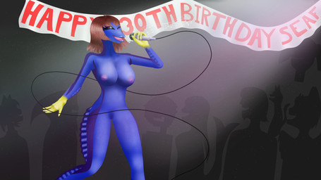4_fingers anthro barely_visible_genitalia barely_visible_vulva big_breasts birthday birthday_party blue_arms blue_body blue_breasts blue_head blue_legs blue_neck blue_scales breasts brown_hair electronics eyes_closed feet female female_anthro fin fingers genitals group hair holding_microphone holding_object membrane_(anatomy) microphone musical_note musical_symbol nipples non-mammal_breasts non-mammal_hair non-mammal_nipples non-mammal_vulva nude nude_anthro nude_female open_mouth scales singing solo_focus symbol vulva yellow_body yellow_fingers yellow_hands yellow_scales anonymous_artist background_character mycha_(seaf) acanthurid aquatic fish regal_tang 16:9 2026 4k absurd_res hi_res widescreen female_(lore)
