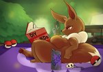 anthro beverage_can book breasts computer electronics female fur furniture laptop nude plant pokeball rug sitting_on_tail smile solo tail text tree vicariousvixens nintendo pokemon team_skull eevee generation_1_pokemon pokemon_(species)