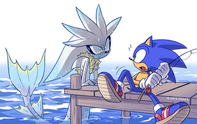 5_fingers alternate_species alternate_universe anthro black_nose blob_feet blue_body blue_clothing blue_footwear blue_fur blue_shoes clothing curious duo eye_contact featureless_feet feet fin fingers fish_tail fishing_rod footwear fur gloves green_eyes grey_body grey_fur handwear long_nose looking_at_another male male/male mermaid_tail outside sandals scales shoes sitting split_form surprised tail tan_body tan_skin toony water wet wet_body wet_fur white_clothing white_gloves white_handwear siggiedraws sega sonic_the_hedgehog_(series) silver_the_hedgehog sonic_the_hedgehog aquatic eulipotyphlan hedgehog mammal merfolk merhog 2025 cel_shading digital_drawing_(artwork) digital_media_(artwork) hi_res shaded signature