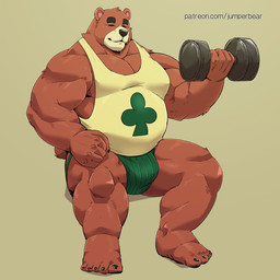 anthro brown_body bulge clothing exercise eyes_closed green_clothing green_jockstrap green_underwear jockstrap kemono male musclegut muscular muscular_anthro muscular_male shirt sitting solo text topwear underwear workout jumperbear animal_crossing nintendo teddy_(animal_crossing) bear mammal 1:1 2022 absurd_res hi_res url