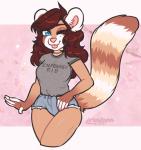 2017 5_fingers ailurid anthro blue_eyes bottomwear breasts brown_hair canid canine clothed clothing colored_nails eyebrows eyelashes female fingerless_(marking) fingers fully_clothed hair happy honesty_(artist) long_hair looking_at_viewer mammal markings nails one_eye_closed red_panda ring_(marking) ringed_tail shirt shorts solo striped_markings striped_tail stripes tail tail_markings tongue tongue_out topwear wide_hips wink
