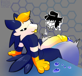 after_vore antennae_(anatomy) anthro balls big_balls big_penis blep blonde_hair blue_balls blue_body blue_cum blue_feathers bodily_fluids circumcised cock_vore colored_cum cum cum_vore digestion duo feathers genital_fluids genitals glowing glowing_eyes gooey_digestion hair hexagon_background huge_balls huge_penis humanoid_genitalia humanoid_penis hyper hyper_balls hyper_genitalia hyper_penis looking_at_viewer looking_back machine male penile penis sitting tail tail_feathers tan_body tongue tongue_out unusual_bodily_fluids unusual_cum unusual_genital_fluids vore yellow_penis howzit_toyah terenx arthropod avian bee bird hybrid hymenopteran insect penguin protogen absurd_res hi_res