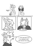 absurd_res anthro black_and_white bodily_fluids canid canine chair clothed clothing comic crying dialogue ear_piercing english_text fox furniture hi_res hybrid inner_ear_fluff kif_yppreah kifyun2 male mammal monochrome piercing raphael_yppreah sibling_(lore) simple_background sitting speech_bubble tears text tuft