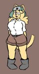 anthro bandage bandage_on_face bandaged_eye belt belt_buckle big_breasts biped black_eyebrows blonde_hair boots bottomwear breasts brown_background brown_bottomwear brown_clothing brown_shorts buckle button_(fastener) cat_tail clothed clothed_anthro clothed_female clothing eyebrow_through_hair eyebrows female female_anthro footwear fur furgonomic_headwear furgonomics green_clothing green_hat green_headwear grey_boots grey_clothing grey_footwear hair hat headgear headwear looking_aside open_mouth open_smile shoes shorts simple_background smile solo standing tail translucent translucent_hair ushanka white_dress_shirt yellow_body yellow_ears yellow_fur yellow_tail pedrodesenhador rames_(rapirrs) domestic_cat felid feline felis mammal hi_res