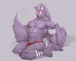 anthro bottomwear clothing fur fur_markings loincloth looking_at_viewer male markings muscular muscular_anthro muscular_male purple_body purple_fur red_eyes solo captainjohkid canid canine canis mammal wolf 5:4 hi_res