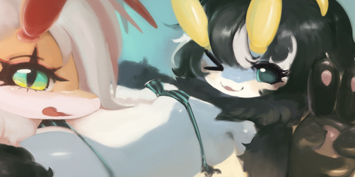4_fingers :3 antennae_(anatomy) anthro bangs big_eyes bikini black_body black_fur black_hair blue_body blue_eyes blush clothing cross-eyed curly_hair duo eyelashes female fingers fluffy fur gesture green_eyes hair hand_gesture kemono looking_at_viewer markings micro_bikini multicolored_body multicolored_eyes multicolored_hair nipples one_eye_closed open_mouth open_smile orange_body pawpads pupils red_hair red_tongue short_hair slit_pupils smile surprised swimwear tongue two-piece_swimsuit two_tone_body two_tone_hair v_sign white_body white_fur white_hair hasukii erro_(!dodn) poraria_(!dodn) aquatic aquatic_gastropod gastropod mollusk sea_snail snail 3:1 digital_media_(artwork)