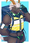 absurd_res anthro athletic athletic_anthro athletic_male black_body black_fur bovid bulge caprine clothing eyewear fur glasses gloves goat hair handwear harness hi_res horn lifewonders male mammal n0dakan pecs solo speedo swimwear tanngrisnir_(tas) tokyo_afterschool_summoners topwear vest white_hair