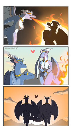 anthro breath_powers duo elemental_manipulation female fire fire_breathing fire_manipulation heart_symbol jewelry light male mature_anthro mature_female necklace sunlight sunset tail tail_hug pencil_bolt mythology flint_(pencil_bolt) dragon mythological_creature mythological_scalie scalie absurd_res comic hi_res