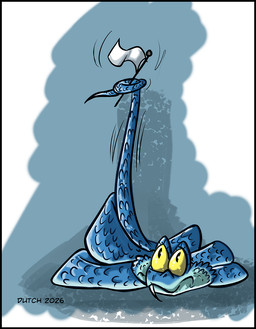 black_border blue_body blue_scales border curled_up fangs feral flag male mouth_closed nude one_fang raised_tail scales shadow solo tail teeth waving_flag white_flag wide_eyed yellow_eyes dutch_(artist) disney zootopia gary_de'snake pit_viper reptile scalie snake viper 2026 hi_res signature