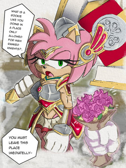 ambiguous_gender anthro armor biceps bottomwear clothing dialogue duo female flower fur gloves green_eyes hammer handwear narrowed_eyes pink_body pink_fur plant skirt speech_bubble text tools chiridaigo sega sonic_the_hedgehog_(series) amy_rose eulipotyphlan hedgehog mammal 3:4 absurd_res english_text hi_res