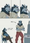 anthro blue_body blue_fur clothed clothing dialogue duo eyewear fur furgonomics glasses male text tsbellatre nitro_(tsbellatre) noah_(tsbellatre) canid canine canis domestic_dog mammal comic english_text hi_res