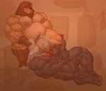 abs anthro balls barazoku big_pecs bodily_fluids body_hair chest_hair duo genitals gym huge_pecs male male/male muscular muscular_anthro muscular_male musk musk_clouds pecs slightly_chubby steam sweat sweatdrop sweaty_balls sweaty_genitalia thick_thighs gabgbb bovid bovine cattle felid lion mammal pantherine hi_res