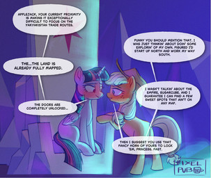 blush cartoon_freckles castle_of_friendship chair clothing cowboy_hat duo eyelashes female feral flirting freckled_face freckles furniture hat headgear headwear horn long_eyelashes sitting text throne wings pixelpub friendship_is_magic hasbro my_little_pony mythology applejack_(mlp) twilight_sparkle_(mlp) earth_pony equid equine horse mammal mythological_creature mythological_equine pony winged_unicorn english_text hi_res