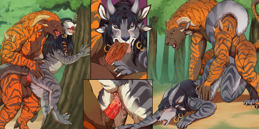 4_ears 4_horns against_natural_surface against_surface against_tree anthro anthro_on_anthro anthro_penetrated anthro_penetrating anthro_penetrating_anthro anus balls big_balls big_penis biped blush bodily_fluids brown_body brown_fur butt claws digitigrade duo erection fellatio female female_penetrated finger_claws flat_chested forest forest_background fur genital_fluids genitals grey_body grey_fur horn male male/female male_penetrating male_penetrating_female multi_ear multi_horn nature nature_background oral oral_penetration orange_body orange_fur outside_sex penetration penile penile_penetration penis penis_in_vagina plant sex toe_claws tree vaginal vaginal_fluids vaginal_penetration vein veiny_penis vulva white_body white_fur shebeast guild_wars charr felid mammal 2022 absurd_res digital_media_(artwork) hi_res