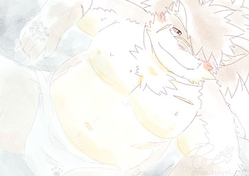 anthro bathing belly hair hot_spring male musclegut muscular navel nipples pecs ponytail scar solo towel water ren_izayoi lifewonders tokyo_afterschool_summoners shino_(tas) canid canine canis domestic_dog mammal