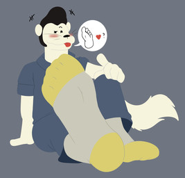 5_toes anthro black_hair black_nose blush clothed clothing cloudco eyebrows feet foot_fetish foot_focus footwear fur gesture hair hand_gesture heart_symbol humanoid_feet looking_at_viewer male mechanic_outfit multicolored_clothing multicolored_footwear multicolored_socks plantigrade pointing pointing_at_viewer raised_eyebrow seductive simple_background socks solo speech_bubble toe_outline toes tongue tongue_out whiskers white_body white_fur beagle-bagel buddy_thunderstruck_(series) netflix darnell_(buddy_thunderstruck) domestic_ferret mammal mustelid musteline true_musteline weasel hi_res