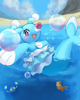 2_tails ambiguous_gender beach blue_body blush blush_lines brown_eyes bubble cloud eyelashes fangs feral group looking_at_viewer markings mountain multi_tail open_mouth orange_body paws sky tail teeth tongue trio underwater water whisker_markings yellow_eyes coluen nintendo pokemon brionne buizel chinchou generation_2_pokemon generation_4_pokemon generation_7_pokemon pokemon_(species) 2026 4:5 absurd_res hi_res
