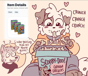4_fingers anthro anthro_focus barefoot black_clothing black_nose black_topwear blush bottomwear clothing confusion cracker duo eating eating_food fangs feet fingers food fur grey_body grey_bottomwear grey_clothing grey_ears grey_fur happy heart_symbol holding_food holding_object hoodie male multicolored_ears open_mouth pants question_mark solo_focus teeth text thought_bubble toes topwear white_body white_ears white_fur wide_eyed yellow_clothing yellow_hoodie yellow_topwear young young_anthro young_male spudnikmutt rookie_(spudnikmutt) spudnik_(spudnikmutt) canid canine canis chihuahua domestic_dog mammal toy_dog wolf 2025 english_description english_text adult_(lore)