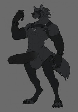 abs anthro armwear balls biceps big_balls big_penis biped black_armwear black_clothing black_elbow_gloves black_glans black_gloves black_handwear black_legwear black_pawpads black_penis black_thigh_highs blindfold claws clothing digitigrade elbow_gloves erection fingerless_gloves foreskin fur genitals glans gloves grey_balls grey_body grey_fur handwear harness huge_balls huge_penis humanoid_genitalia humanoid_penis hyper hyper_genitalia hyper_penis legwear male male_anthro muscular muscular_anthro muscular_male obscured_eyes pawpads paws pecs penis solo thigh_highs toe_claws vein veiny_penis idrysse3 mythology canid canine mammal mythological_canine mythological_creature werecanid werecanine werecreature werewolf 2025 digital_media_(artwork) full-length_portrait hi_res portrait