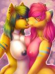 anthro asymmetrical_breast_frottage breast_squish breasts breasts_frottage duo ear_piercing eyes_closed female female/female french_kissing fur hair kissing nipples open_mouth piercing pink_hair squish teeth tongue yellow_body yellow_fur mifa mykiala_keskon rachel_(calithya) canid canine canis domestic_dog mammal wolf 2017 3:4 digital_media_(artwork) hi_res