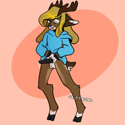 anatomically_correct anatomically_correct_genitalia anthro antlers black_penis blonde_hair blue_clothing blue_hoodie blue_topwear bodily_fluids bottomless brown_body brown_fur chibi clothed clothing clothing_lift cum cum_drip dripping fingers fur genital_fluids genitals green_eyes hair hoodie hoodie_only hooved_fingers hooves horn male one_eye_closed penis solo tongue tongue_out topwear topwear_only wavy_hair wink skittzune gavin_walkers deer mammal 1:1 hi_res