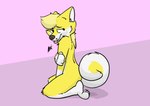 anthro butt curling_tail fur grabbing_arm male nude shy shy_expression simple_background simple_coloring simple_eyes solo tail tan_body tan_fur tongue tongue_out yellow_body yellow_fur raposanaranja yassir_(character) canid canine canis domestic_dog mammal absurd_res hi_res