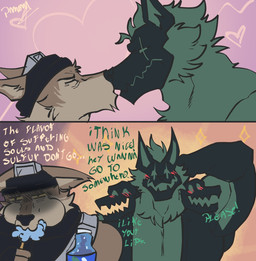 3_heads after_kiss anthro barazoku blush brown_body brown_fur brush brushing brushing_teeth clothed clothing dialogue disgust disgusted_face duo fur green_body hat headgear headwear humor imminent_kiss male male/male multi_head muscular muscular_anthro muscular_male muscular_on_muscular smile smiling_at_another smiling_at_partner text pinumontbalou epic_games fortnite mythology cerberus_(fortnite) wendell_(fortnite) canid canid_demon canine canis demon hellhound mammal mythological_canine mythological_creature wolf comic english_text hi_res