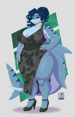 anthro big_breasts blue_body blue_hair blue_heart breasts clothing colored_nails dress eyelashes eyeshadow female footwear glistening_eyelids green_clothing green_dress green_footwear green_high_heels hair high_heels huge_breasts lipstick long_eyelashes makeup mature_anthro mature_female nails neck_ring non-mammal_breasts ring shark_tail sharp_teeth shoes smile solo tear_trough teeth thick_thighs white_nails wide_hips garavakarian valerie_(mellowcapsaicin) fish marine shark absurd_res hi_res