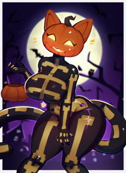 anthro basket big_breasts black_body black_bodysuit black_clothing black_skinsuit bodysuit bone breasts cat_tail clothing container curvy_figure female food for_a_head fruit full_moon glowing glowing_eyes glowing_mouth holidays latex latex_clothing latex_skinsuit long_ears long_tail looking_at_viewer moon orange_head plant pumpkin pumpkin_basket pumpkin_head purple_background simple_background skeleton skinsuit smile solo tail thick_thighs tight_clothing tylerayrton epic_games fortnite halloween spice_(fortnite) domestic_cat felid feline felis human humanoid mammal object_head absurd_res hi_res
