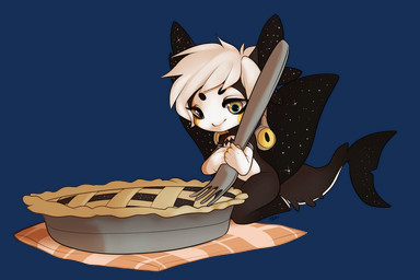 ambiguous_gender anthro biped chibi clothed clothing cutlery dessert food fork kitchen_utensils kneeling pastry pie smile solo tools teil unknown_species alpha_channel