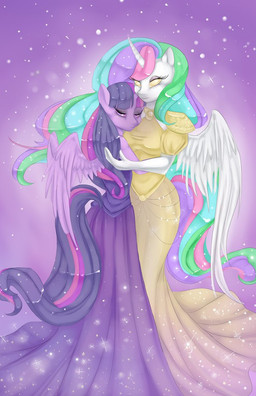anthro anthrofied clothing dress duo feathered_wings feathers female fur glowing glowing_eyes hair horn hug looking_at_viewer multicolored_hair purple_body purple_eyes purple_fur purple_hair sparkles standing two_tone_hair wings yellow_eyes misukitty friendship_is_magic hasbro my_little_pony mythology princess_celestia_(mlp) twilight_sparkle_(mlp) equid equine mammal mythological_creature mythological_equine winged_unicorn 2013 source_request unavailable_at_source