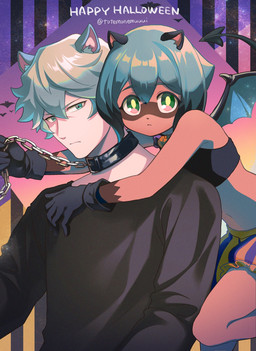 anthro bow_(feature) bow_in_front bow_tie bra chain chain_leash clothing collar costume duo female gloves halloween_costume handwear holiday_message holidays hug leash male male/female romantic romantic_couple size_difference spade_tail tail text underwear wings totemonemuuui brand_new_animal halloween studio_trigger michiru_kagemori shirou_ogami canid canine demon human mammal raccoon_dog tanuki english_text hi_res