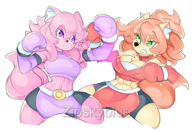 anthro boxing boxing_gloves breasts chest_tuft cleavage clothed clothing duo female female/female fight handwear muscular muscular_female small_waist sport tuft wide_hips zipskyblue hanako_(zipskyblue) mei_(zipskyblue) felid feline mammal hi_res