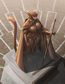 abs anthro armor big_breasts bottomwear breastplate breasts brick_floor claws cloak clothing detailed_background eyebrows female frown gauntlets gloves grass hand_on_weapon handwear high-angle_view high_collar holding_melee_weapon holding_object holding_sword holding_weapon hood_down loincloth long_eyebrows long_tail looking_down melee_weapon metal metallic_body midriff muscular muscular_female patina plant plinth raised_tail rimlight rock sculpture solo standing statue sword sword_in_ground tail tail_tuft thick_thighs tuft unconvincing_armor weapon weeds hiverdose last_fables lieren_(last_fables) felid leopard mammal pantherine digital_media_(artwork) full-length_portrait hi_res portrait