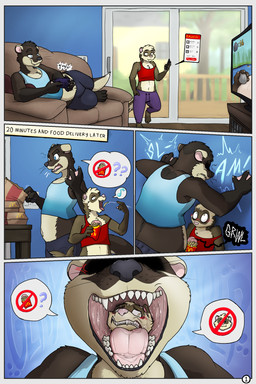 anthro clothing digestion_implied dominant dominant_male fast_food food fries furniture gaming head_in_mouth larger_pred male male/male mouth_shot open_mouth ordering_food rumbling_stomach shirt size_difference sofa swallowing tank_top teeth text topwear vore themuffinly blue_(triangularunion) muffin_(themuffinly) domestic_ferret mammal mustelid musteline otter true_musteline weasel 2:3 comic english_text hi_res