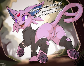 4_toes anus black_claws black_eyebrows black_text blue_inner_ear blurred_background bodily_fluids bottomless bottomless_female butt casual_exposure claws clothed clothed_female clothed_feral clothing cute_fangs dialogue digitigrade dirty dirty_feet eyebrows eyelashes fangs feet female female_feral feral footwear forehead_gem forest forked_tail fur gem genitals grey_clothing grey_footwear grey_shirt grey_socks grey_topwear hindpaw humanoid_genitalia humanoid_genitalia_on_feral humanoid_vulva humanoid_vulva_on_feral looking_at_viewer looking_back low-angle_view monotone_body monotone_fur no_pupils open_mouth open_smile outside pawpads paws pink_anus pink_body pink_fur pink_tongue pink_vulva plant purple_pawpads purple_sclera quadruped red_gem running shirt smile socks solo stirrup_socks sweat sweaty_butt sweaty_face sweaty_feet sweaty_genitalia sweaty_vulva tail talking_feral teeth text three-quarter_view toe_claws toes tongue topwear tree unusual_anatomy unusual_tail vulva white_eyes whyvern nintendo pokemon eeveelution espeon generation_2_pokemon pokemon_(species) 2025 absurd_res english_text full-length_portrait hi_res portrait shaded