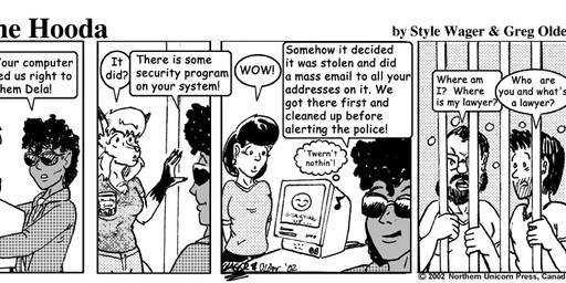 anthro beard breasts clothed clothed_female clothed_male clothing computer dialogue electronics eyewear facial_hair female glasses gloves_(marking) group male markings sunglasses text style_wager dela_the_hooda dela_aldershaw mary_chan men_in_plaid hooda human mammal 2002 comic english_text greyscale monochrome