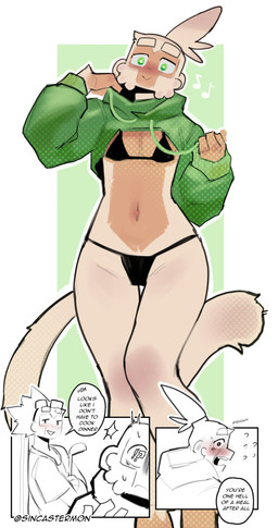 anthro bikini bikini_bottom bikini_top blush clothed clothing compliment crossdressing crossdressing_male dialogue exclamation_point femboy flirting flustered fur green_eyes interrobang male midriff navel question_mark simple_background solo speech_bubble swimwear tail text two-piece_swimsuit white_body white_fur wide_hips sincastermon bloons_tower_defense ninja_kiwi alchemist_(bloons) druid_(bloons) strych_(sincastermon) vanilla_(sincastermon) haplorhine mammal monkey primate english_text hi_res