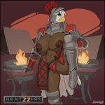 anthro armor beak big_breasts brazier breasts brown_body brown_feathers brown_nipples clothed clothing eyeshadow feathers female fire greaves headgear helmet huge_breasts knight looking_at_viewer makeup nipples solo thong topless unconvincing_armor underwear warrior greasymojo brazzers jane_(breegulleagle) accipitrid accipitriform avian bald_eagle bird eagle sea_eagle 2024 absurd_res artist_name colored digital_drawing_(artwork) digital_media_(artwork) hi_res