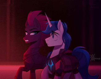 armor blue_eyes blue_hair blue_tail broken_horn duo eye_contact eyebrow_through_hair eyebrows female feral hair horn looking_at_another male purple_hair tail translucent translucent_hair thewandie friendship_is_magic hasbro my_little_pony my_little_pony:_the_movie_(2017) mythology fan_character feathertrap_(oc) tempest_shadow_(mlp) equid equine mammal mythological_creature mythological_equine unicorn