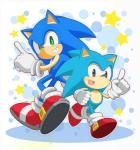 anthro big_eyes big_head black_eyes blue_body blue_fur clothing conjoined_eyes duo footwear fur gesture gloves green_eyes grin handwear male open_mouth open_smile shoes smile square_crossover toony nell_two classic_sonic_(universe) sega sonic_the_hedgehog_(series) classic_sonic sonic_the_hedgehog eulipotyphlan hedgehog mammal 2017