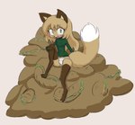 anthro brown_body brown_fur clothed clothing dipstick_tail female female_anthro food food_on_feet fur gloves_(marking) green_clothing green_eyes green_shirt green_topwear hair hand_on_knee hand_on_leg i_can't_believe_it's_not_feces leg_markings looking_at_viewer markings misleading_thumbnail on_food panties pantsless pile_of_food shirt simple_background sitting socks_(marking) solo tail tail_markings topwear underwear white_body white_clothing white_fur white_panties white_underwear conditional_dnp unknown_artist averi_(fiddleafox) canid canine fox mammal red_fox true_fox