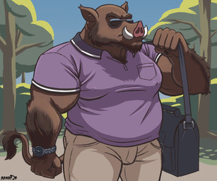 anthro bag bottomwear clock clothing eyewear male muscular muscular_male overweight overweight_male pants purple_clothing satchel shirt solo sunglasses tan_clothing topwear watch nanoff suarez_(nanoff) mammal suid suine sus_(pig) wild_boar 2024 hi_res
