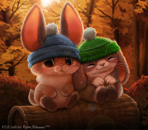 ambiguous_gender anthro autumn brown_body brown_eyes brown_fur clothing duo eyes_closed floppy_ears fur grey_body grey_fur hat hat_only headgear headgear_only headwear headwear_only leaning_on_another log lop_ears mostly_nude outside plant shrub smile tan_body tan_fur text tree whiskers white_body white_fur wood piper_thibodeau lagomorph leporid mammal rabbit 2023 digital_media_(artwork) digital_painting_(artwork) english_text hi_res painting_(artwork)