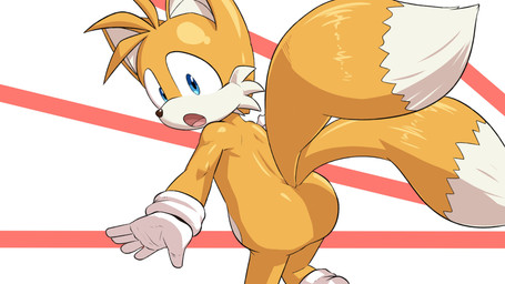 2_tails anthro bangs black_nose blue_eyes butt cheek_tuft chest_tuft clothing facial_tuft fur gloves handwear looking_at_viewer looking_back male multi_tail multicolored_body multicolored_fur open_mouth orange_body orange_fur solo tail tan_body tan_fur tuft two_tone_body two_tone_fur young young_anthro young_male seen023hey sega sonic_the_hedgehog_(series) miles_prower canid canine fox mammal true_fox absurd_res hi_res